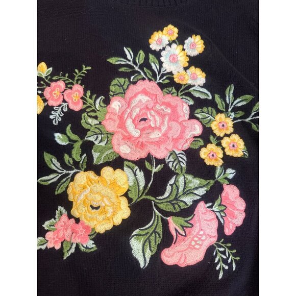 Floral Embroidered Womens Knit Sweater By Loft Large Cotton Blend Black - Picture 2 of 8